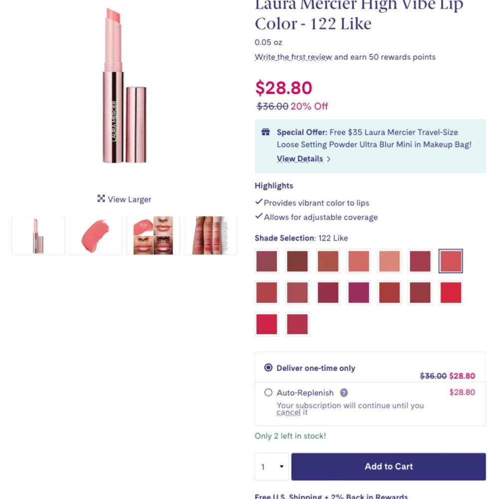 Laura Mercier, high vibe lip, color brand new inbox, color 183 dash